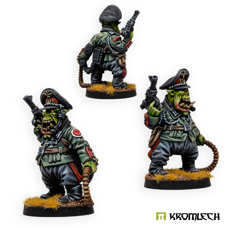 Kromlech Orc Greatcoat Taskmaster painted, three views: peaked cap, green tunic, raised pistol, coiled whip