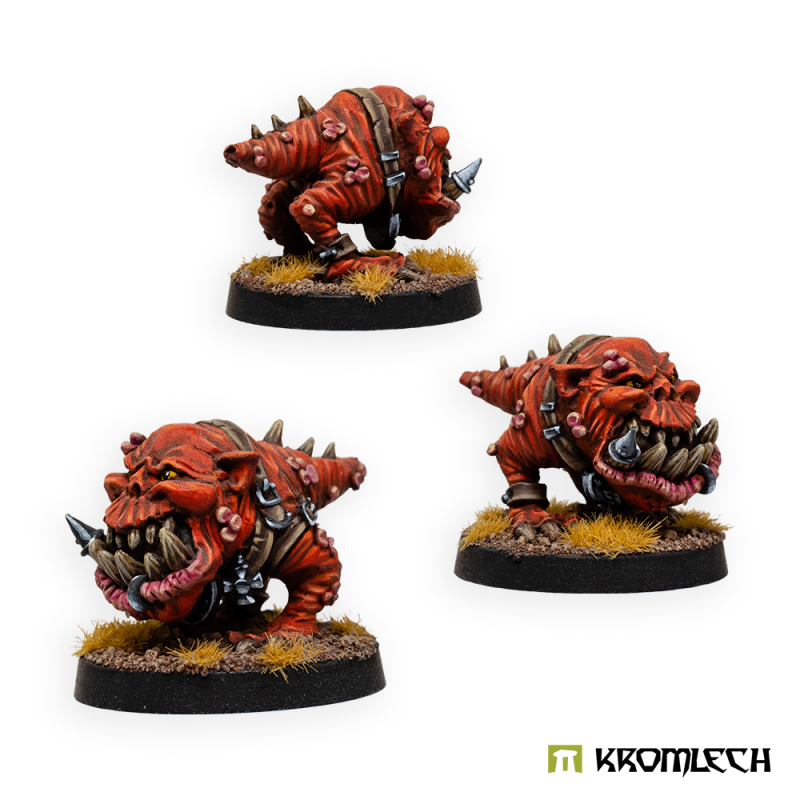 Kromlech Orc Greatcoat Gnawhound painted red, three views of the squat, spiked, toothy beast