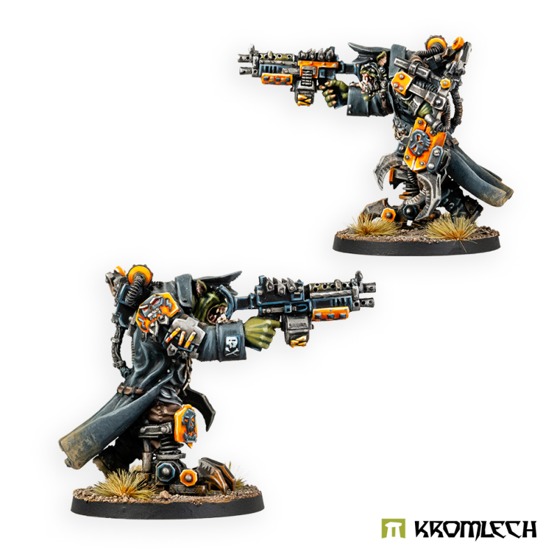 Kromlech Orc Greatcoat Warchief painted, two views with the heavy machine gun arm