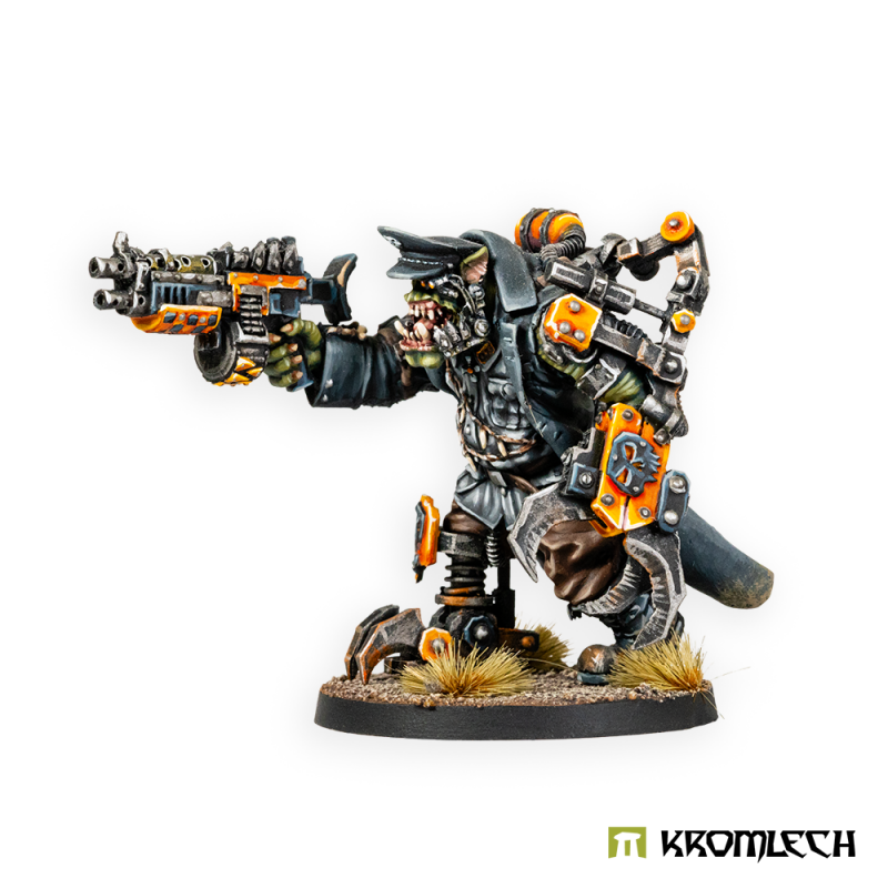Kromlech Orc Greatcoat Warchief painted, firing a heavy machine gun, armoured greatcoat, 40 mm base