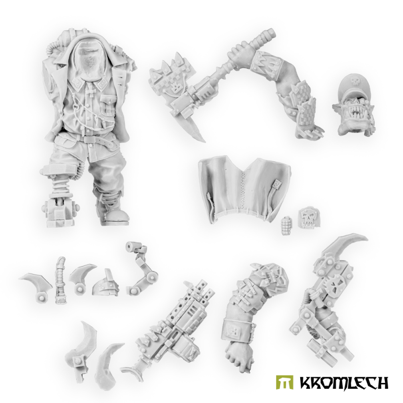 Kromlech Orc Greatcoat Warchief unpainted resin parts: body, coat, claw, heavy machine gun, axe and head