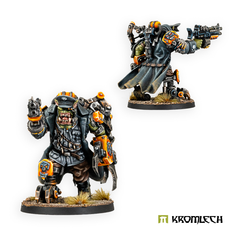Kromlech Orc Greatcoat Warchief painted, front view with the mechanical claw, and side view