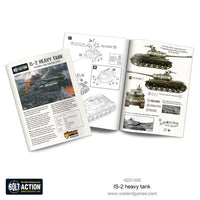 IS-2 box set contents: tank components, decals, infantry, and stat card
