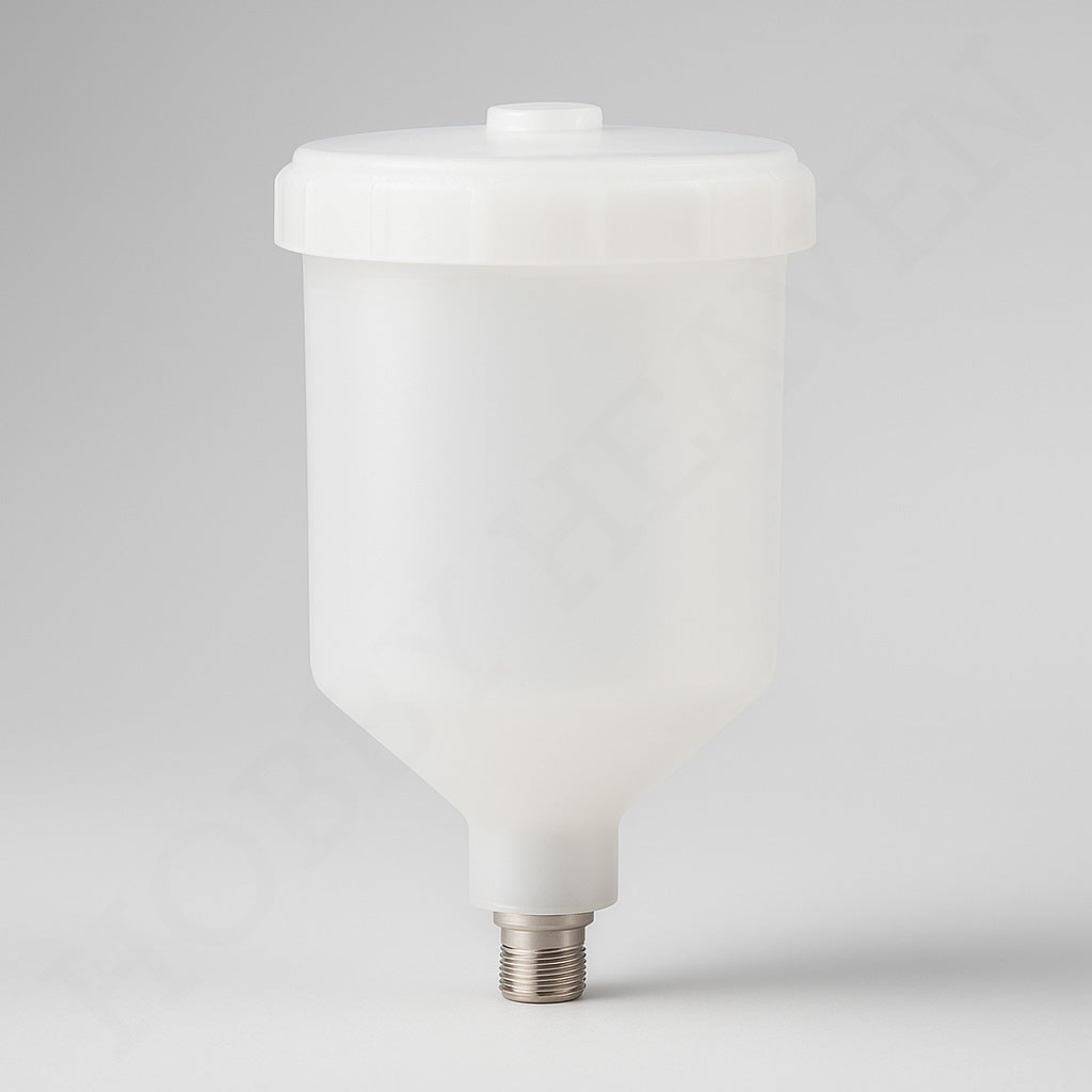Iwata 250cc plastic paint pot for LPH80 and Eclipse G3/G5 spray guns – front view with lid and threaded mount