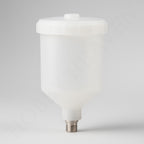 Iwata 250cc plastic paint pot for LPH80 and Eclipse G3/G5 spray guns – front view with lid and threaded mount