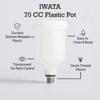 Iwata 70cc plastic paint pot infographic – durable solvent resistant, translucent design with quick mount for spray guns