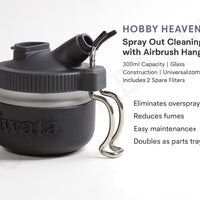 Hobby Heaven Iwata Spray Out Pot with airbrush holder – 300ml glass jar for cleaning acrylic, enamel, lacquer paints