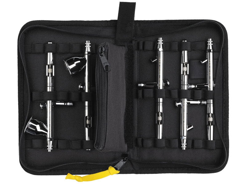  Iwata Zipper Case IWCL-500-EMPTY shown with six airbrushes stored securely inside.

