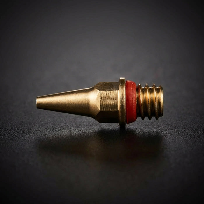 Iwata N5 0.5mm fluid nozzle with red o-ring for Neo BCN macro detail on dark background - Hobby Heaven