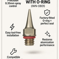 Iwata Neo CN Nozzle 0.35mm with O-ring part IWN-0801 shown with features and benefits by Hobby Heaven