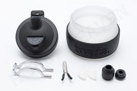 Iwata airbrush cleaning pot disassembled – 300ml glass jar, lid, hanger, filters, airbrush stand parts included
