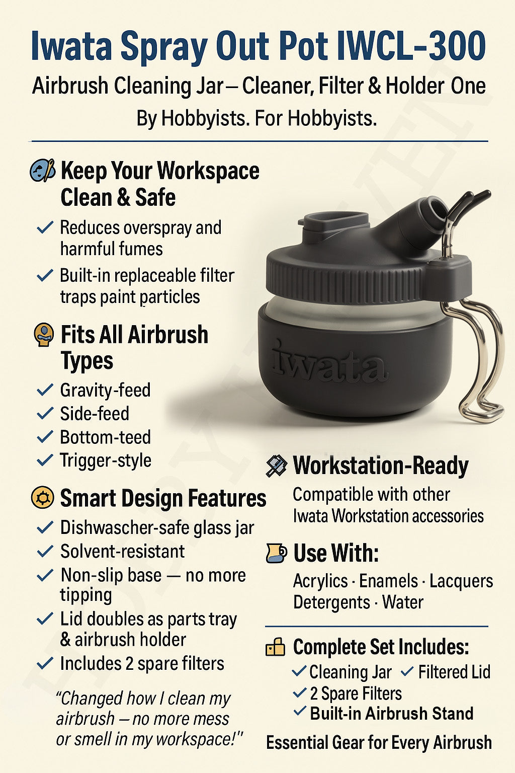 Iwata Spray Out Pot IWCL-300 infographic – features and benefits of the airbrush cleaning jar with filter and holder