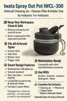 Iwata Spray Out Pot IWCL-300 infographic – features and benefits of the airbrush cleaning jar with filter and holder
