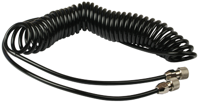 Iwata IWH-CV-10 coiled airbrush hose on white background, showing the full coil with chrome fittings at each end