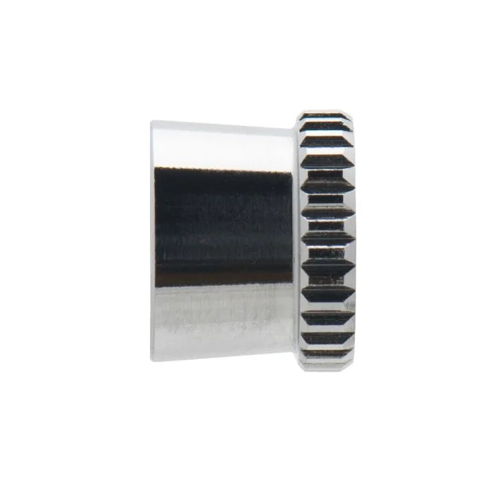 Iwata IWN-1101 needle cap side profile on white background, showing the smooth chrome barrel and knurled tightening ring