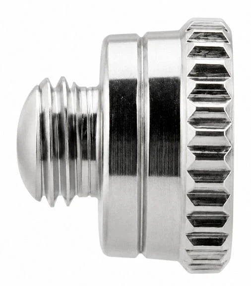 Iwata IWS-6022 E3 nozzle cap side profile on white background, showing the threaded stem, knurled ring and rounded tip