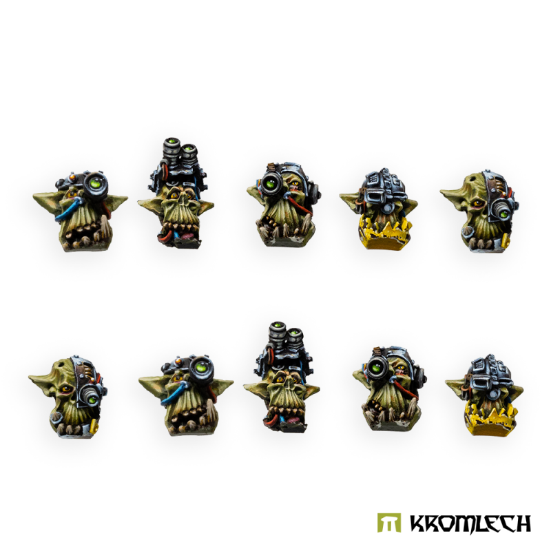 Kromlech Juggernaut Mecha-Armour Bare Heads painted: ten green orc heads with lenses, scopes and yellow plates