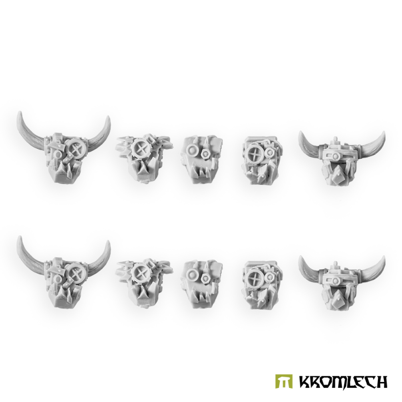 Kromlech Juggernaut Mecha-Armour Enclosed Helmets: ten unpainted riveted helmet heads, two patterns with curved horns