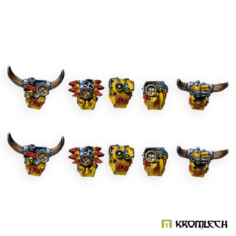 Kromlech Juggernaut Mecha-Armour Enclosed Helmets painted yellow and red: ten helmet heads with round eye lenses