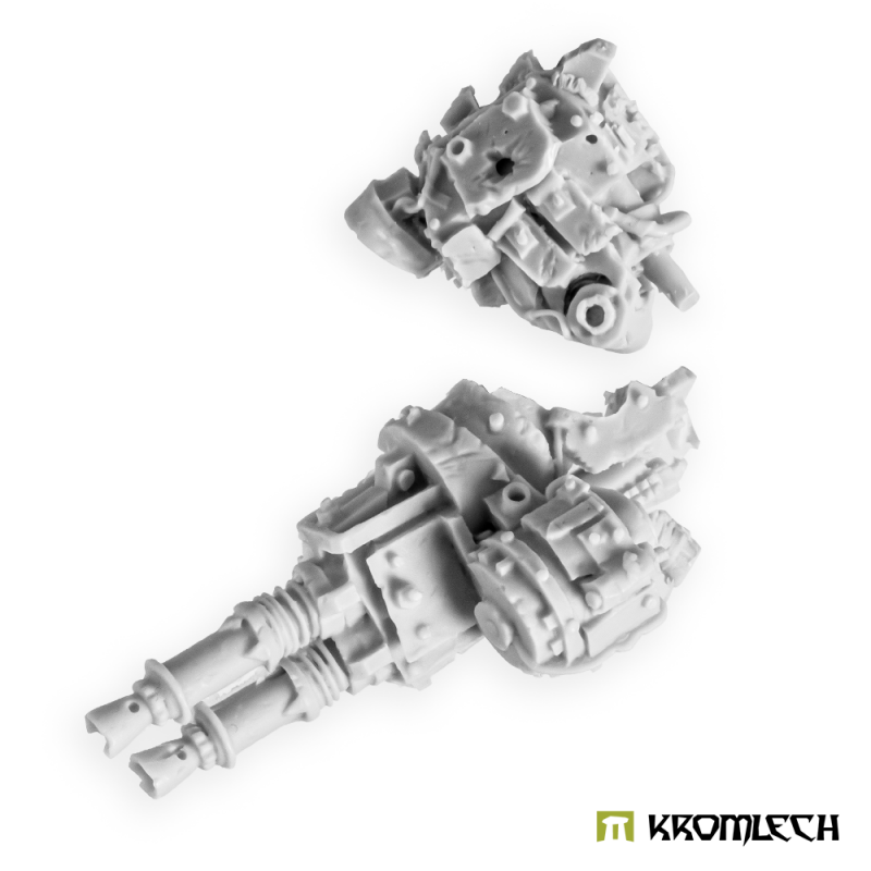Kromlech Juggernaut Mecha-Armour Left Machine Gun: unpainted resin shoulder plate and gun arm with two long barrels