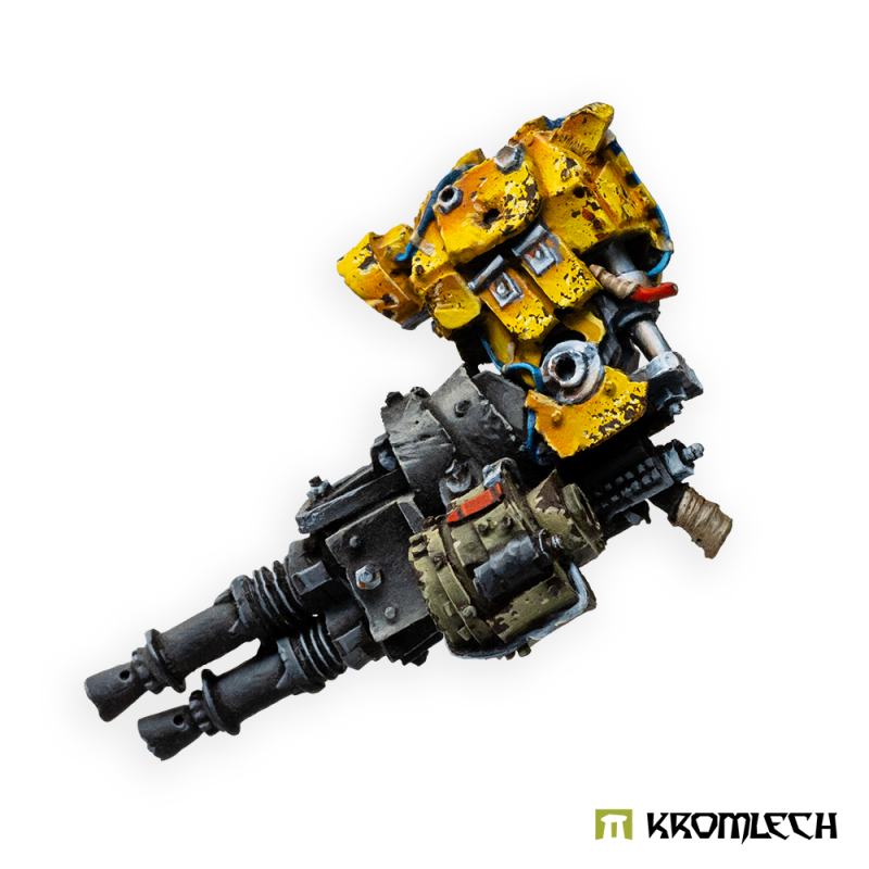 Kromlech Juggernaut Mecha-Armour Left Machine Gun painted: yellow shoulder armour and a dark twin-barrel gun
