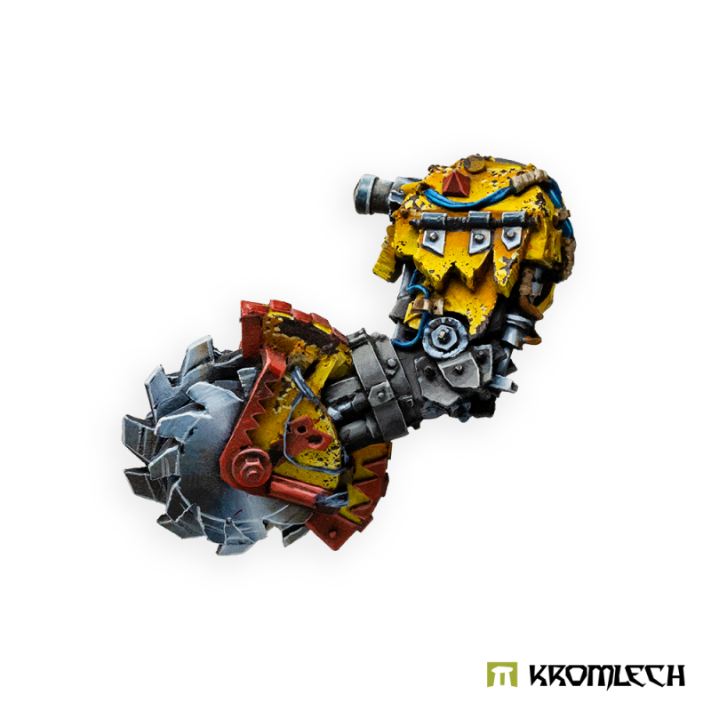 Kromlech Juggernaut Mecha-Armour Left Mega Buzzsaw painted: yellow and red armour around a steel saw blade