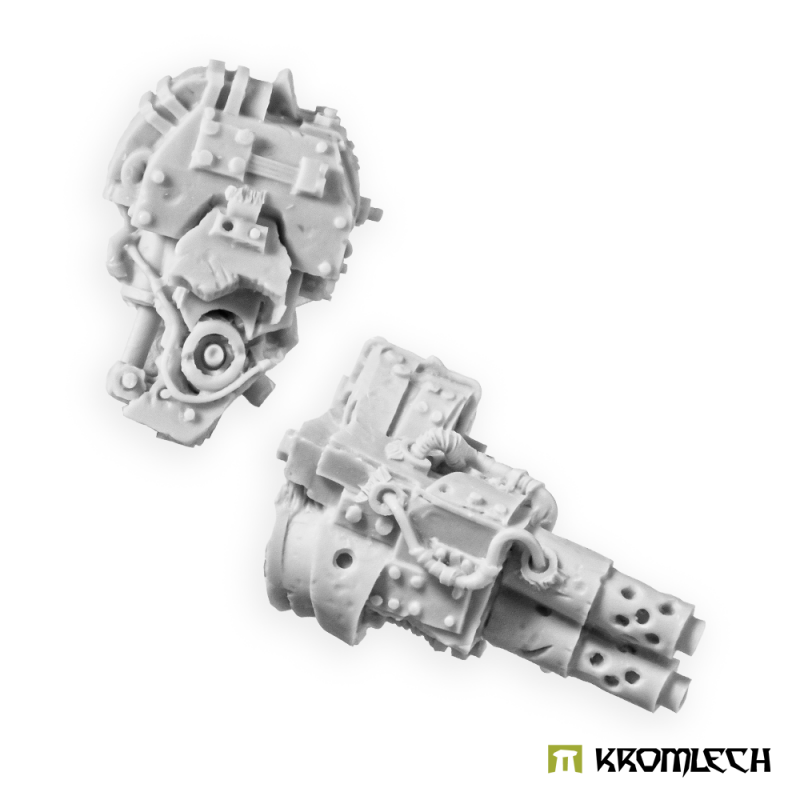 Kromlech Juggernaut Mecha-Armour Right Machine Gun: unpainted resin shoulder plate and gun arm with perforated barrels