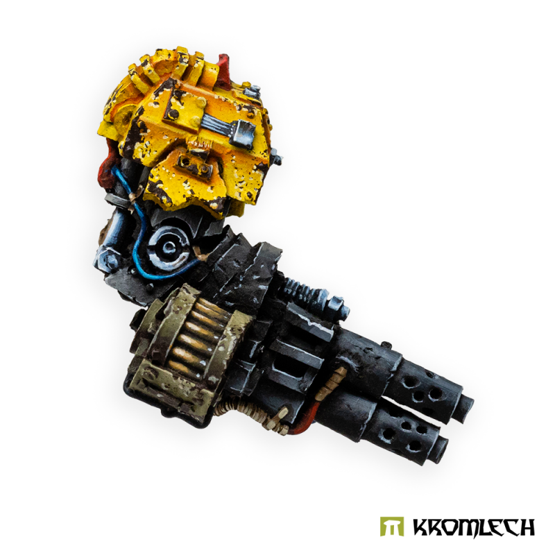 Kromlech Juggernaut Mecha-Armour Right Machine Gun painted: yellow shoulder, black barrels and a brass ammo drum