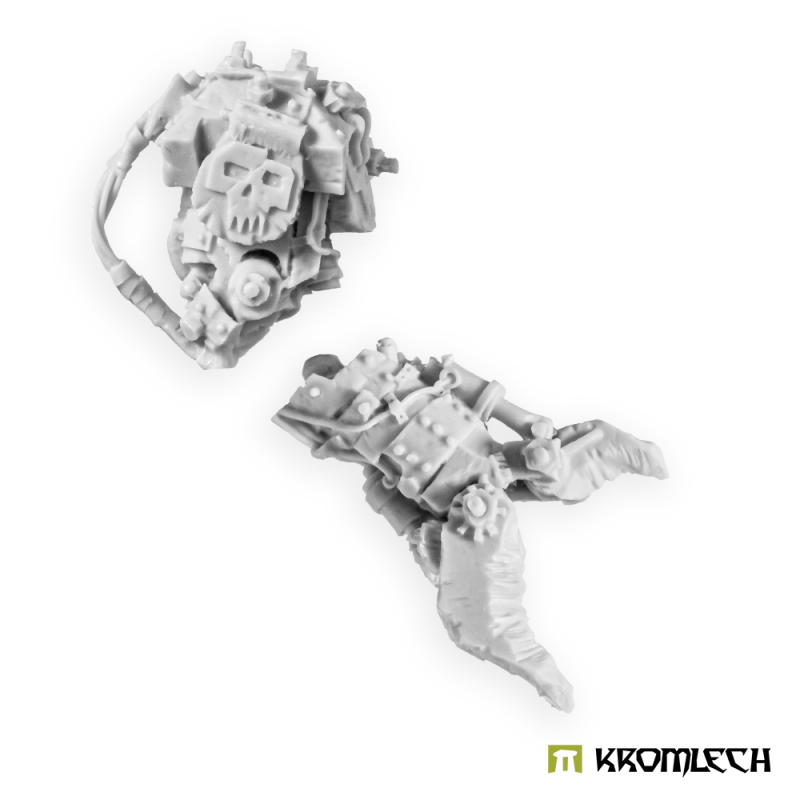 Kromlech Juggernaut Mecha-Armour Right Open Crusher: unpainted resin skull shoulder plate and a claw arm, jaws apart