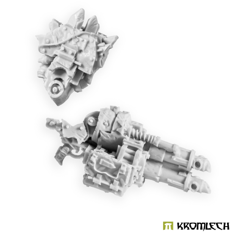 Kromlech Juggernaut Mecha-Armour Right Twin-Linked Machine Gun: unpainted resin spiked shoulder and a two-barrel gun arm