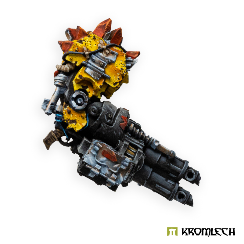 Kromlech Juggernaut Mecha-Armour Right Twin-Linked Machine Gun painted: yellow shoulder, red spikes, black twin barrels
