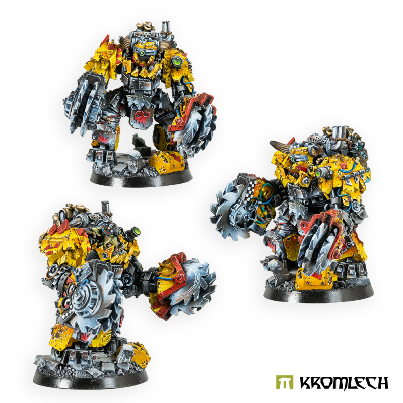 Kromlech Juggernaut Rippa Squad painted: three yellow and grey armoured orcs with toothed buzzsaws on both arms