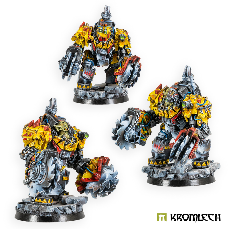 Three painted Rippa Juggernauts from the front, big saw blades behind riveted guards