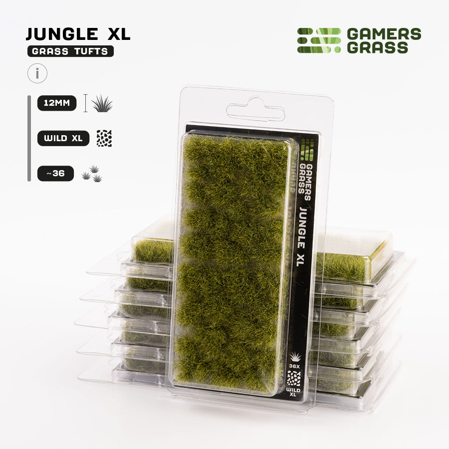 Gamers Grass Jungle XL 12mm - Wild XL Tufts packaging, featuring lush rainforest undergrowth and vibrant tropical imagery