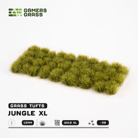 Sheet of 36 Jungle XL 12mm - Wild XL Tufts, displaying various shapes of tall, bright green grass tufts ready for creating tropical terrain
