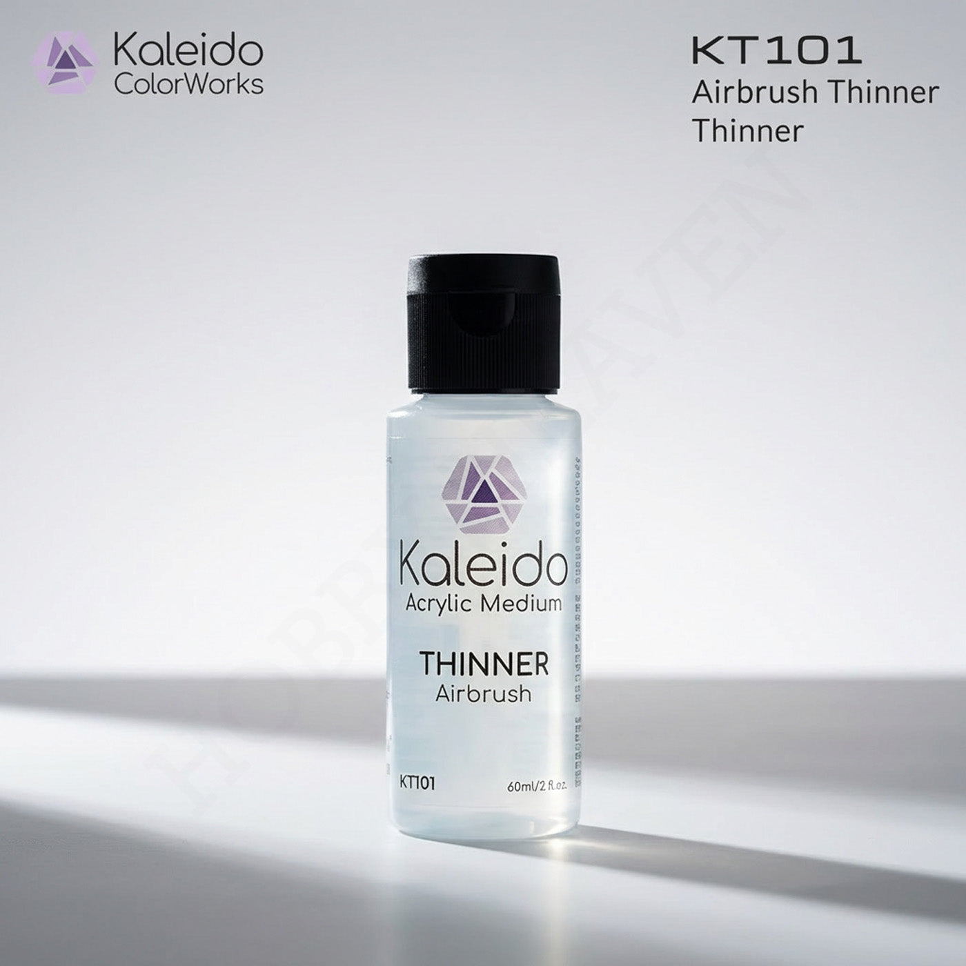 Kaleido Colorworks KT101 airbrush thinner 60ml bottle product shot with studio lighting on white surface