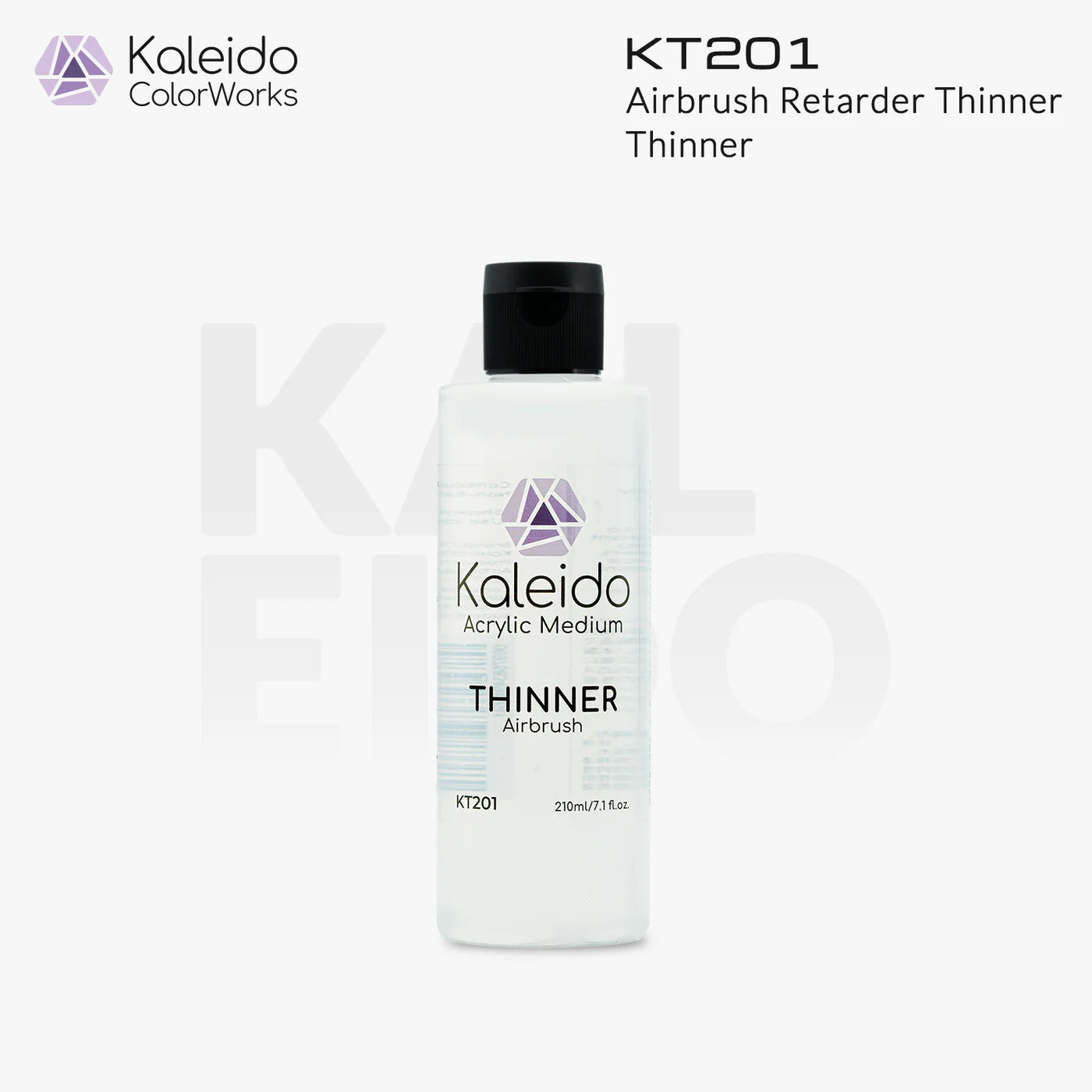 Kaleido Colorworks KT201 airbrush thinner 210ml bottle front view on white background with branding