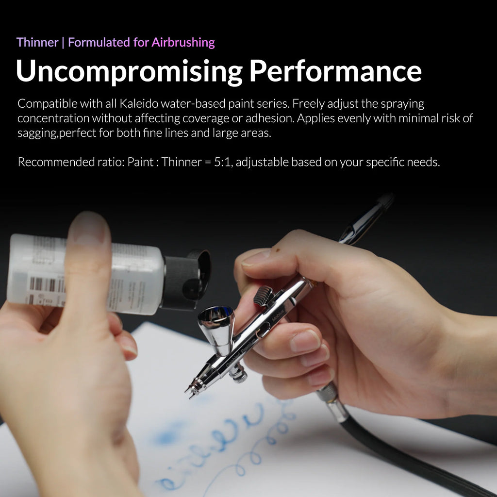 Kaleido KT201 thinner being added to airbrush cup showing recommended 5 to 1 paint to thinner ratio in use