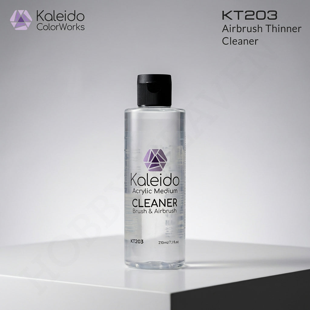 Kaleido Colorworks KT203 airbrush cleaner 210ml bottle studio product shot on grey background
