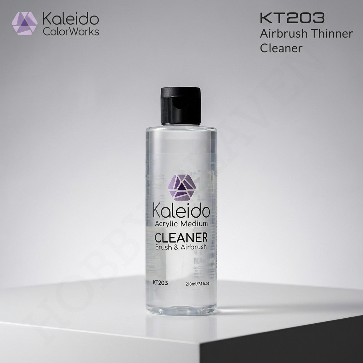 Kaleido Colorworks KT203 airbrush cleaner 210ml bottle studio product shot on grey background