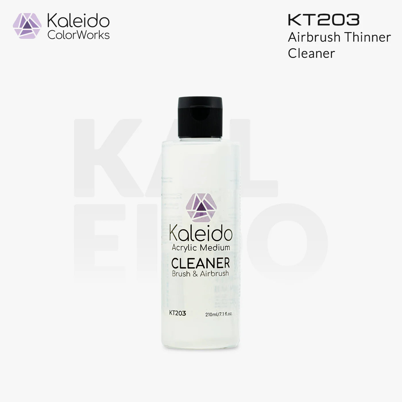 Kaleido Colorworks KT203 airbrush cleaner 210ml bottle front view on white background with branding
