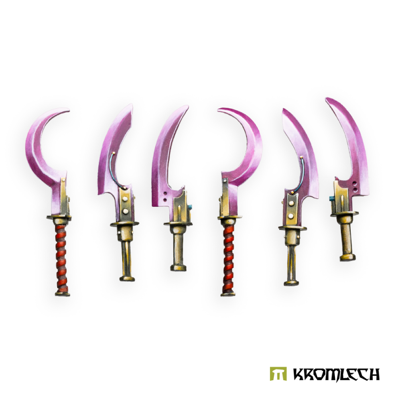 Kromlech Khopesh Vibro Swords painted: six hooked blades with violet edges and gold hilts, three designs twice