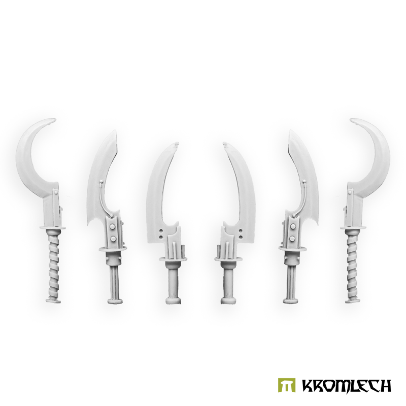 Kromlech Khopesh Vibro Swords unpainted resin: six bare-hilted blades in three hooked shapes