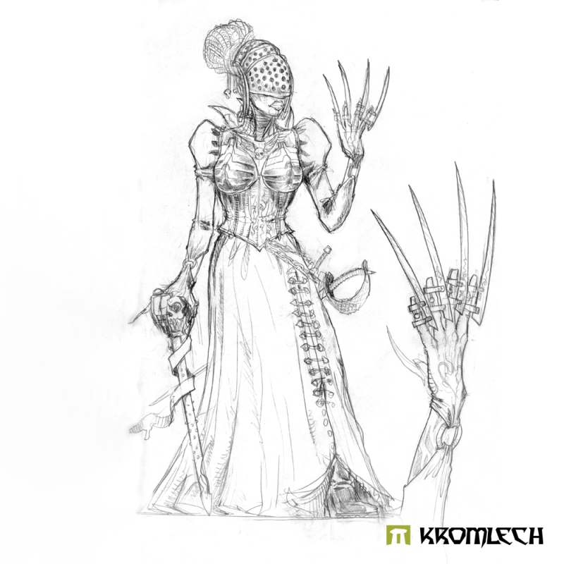 Kromlech Lady Hellena pencil concept sketch, with a separate study of her clawed gauntlet