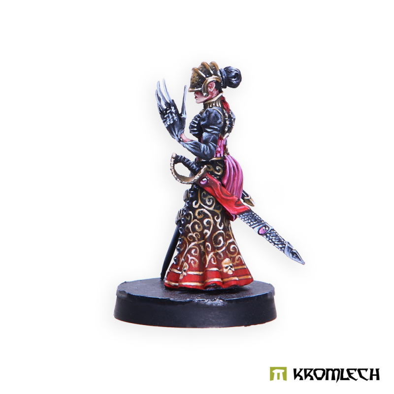 Lady Hellena painted from the right, a second long blade hanging at her hip