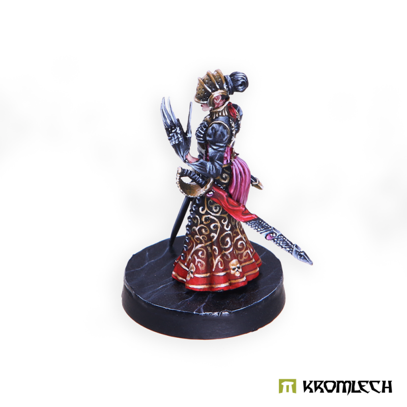 Lady Hellena painted from the left, clawed hand raised and a long blade trailing behind her
