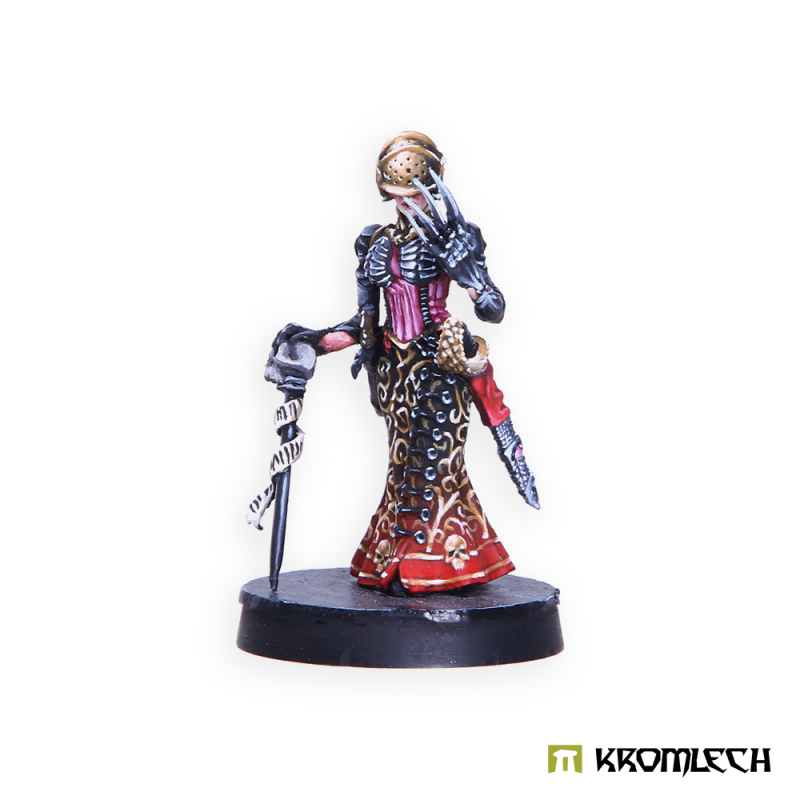 Lady Hellena painted, gauntlet claws held up to her masked face, a scroll wound round her sword