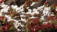 Miniature diorama with Gamers Grass Laliguras Flowers tufts – red rhododendron effect for wargaming terrain
