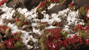 Miniature diorama with Gamers Grass Laliguras Flowers tufts – red rhododendron effect for wargaming terrain