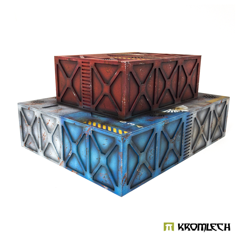 The painted stack from the far corner on a white background: red top tier, blue and grey containers below